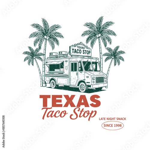 Texas taco stop food truck with palm trees and vintage sign