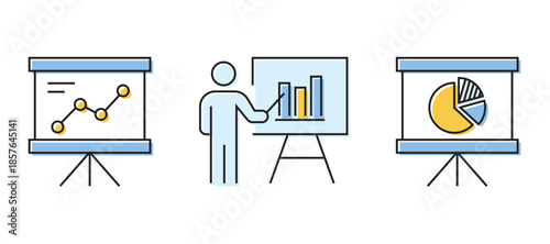 Analytics icon set with color fills and black outlines, featuring charts, graphs, and data analysis symbols for business intelligence and reporting.