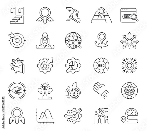 Seo and marketing icons set. editable line icons, analytics and strategy symbols