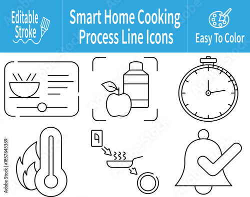 Smart Home Cooking Process Line Icons for Digital Recipes, Ingredient Scanning, Cooking Timers, Heat Control, Guided Steps, and Kitchen App Interfaces