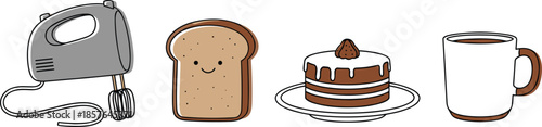  Cute breakfast illustration with toast, mixer, pancakes and coffee, perfect for café menu design, bakery branding, kitchen décor and food-themed vector projects