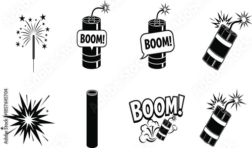  Explosive boom cartoon elements with dynamite sticks, fireworks sparks, explosion icons, speech bubbles and blast effects for party graphics, comic designs