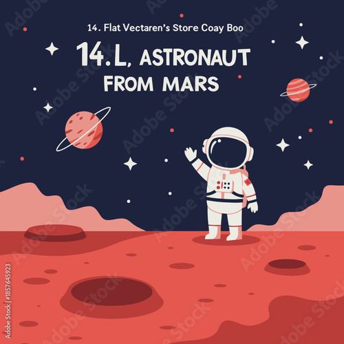 Cartoon illustration of an astronaut waving on the red surface of Mars with planets and stars in the dark blue sky.