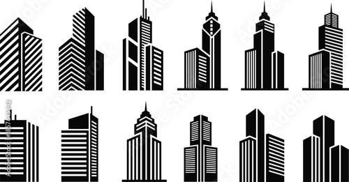  Modern skyscraper silhouettes collection, black and white high-rise building icons, urban skyline architectural vector set for city design, construction branding projects
