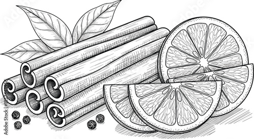 Hand-drawn cinnamon sticks with citrus slices and leaves, detailed botanical spice illustration for culinary packaging, cooking labels, organic food product design