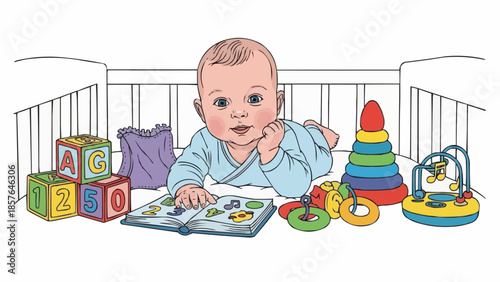 Baby lying in crib surrounded by colorful toys and blocks.