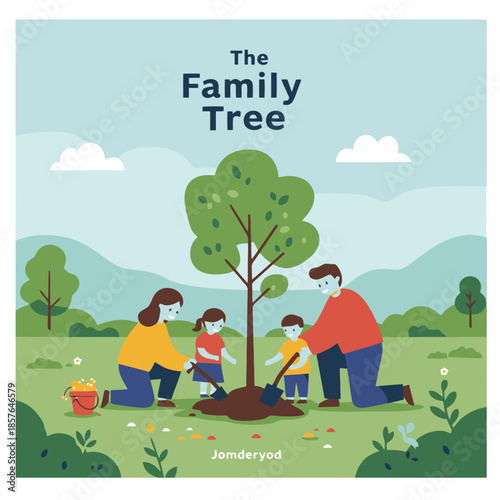 A family, including parents and two children, planting a young tree together in a lush green outdoor landscape with hills and clouds under the title "The Family Tree".