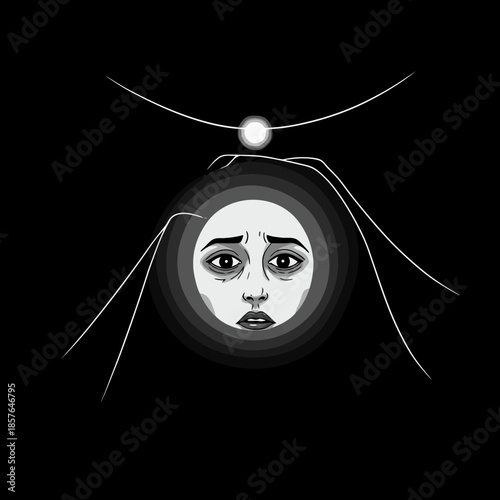 A grayscale illustration of a distressed face within a layered circle, surrounded by thin white lines and a glowing orb, evoking a sense of sadness and mystery.