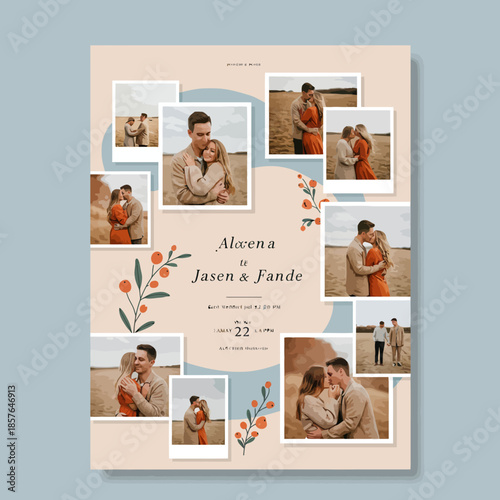 A romantic wedding photo collage invitation featuring a couple in a field with warm, rustic tones and floral accents, announcing their marriage on May 22, 2024.