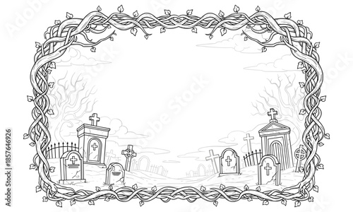 Gothic border cemetery mausoleums graveyard Halloween.