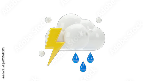 3D Weather Icon: Cloud, Rain, and Lightning on White