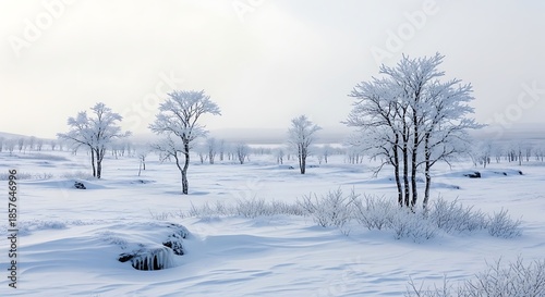 A wintry landscape showcases snow-covered ground, frosted trees, and a distant foggy horizon under a pale sky