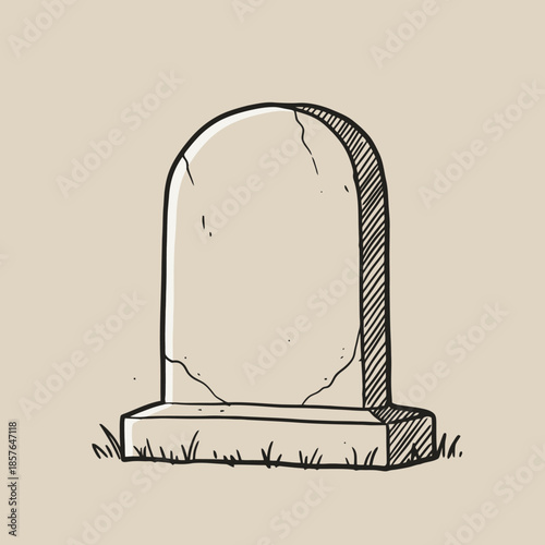 Hand-drawn sketch illustration of a blank, weathered tombstone with cracks and grass at its base, symbolizing remembrance.