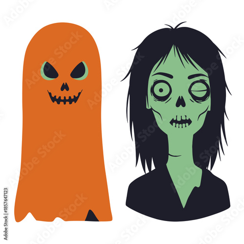 A cartoon illustration featuring an orange ghost with a jack-o'-lantern face and a green-skinned zombie with messy hair.