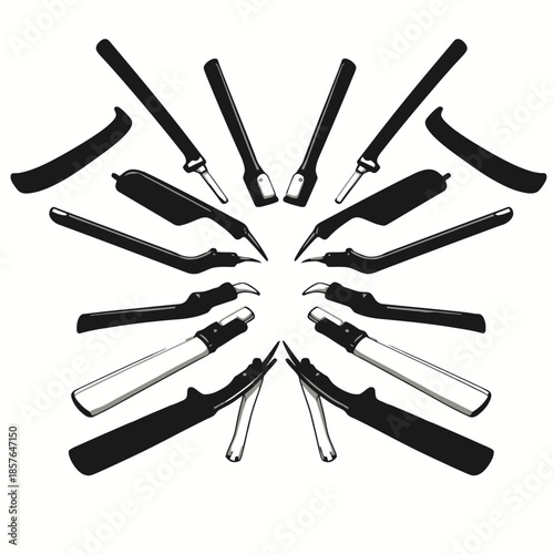 A symmetrical arrangement of various straight razors and their components, displayed as black and white vector graphics.