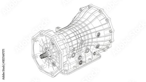 Technical Illustration of Automotive Transmission System in Engineering Environment with 3D Wireframe View for Mechanical Design Concept