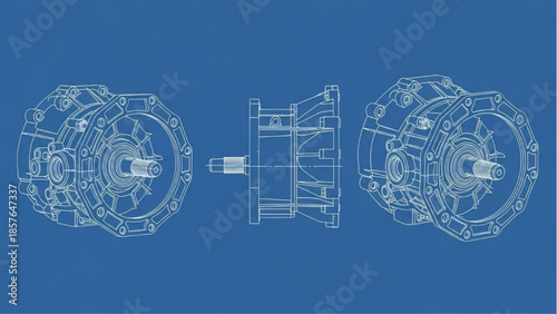 Technical Blueprint of Mechanical Gearbox Components in Engineering Design Studio with Detailed Line Drawing and Precision Views