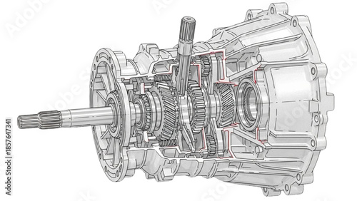 Detailed mechanical cutaway of automotive transmission system illustrating internal gears and shafts in a technical engineering illustration
