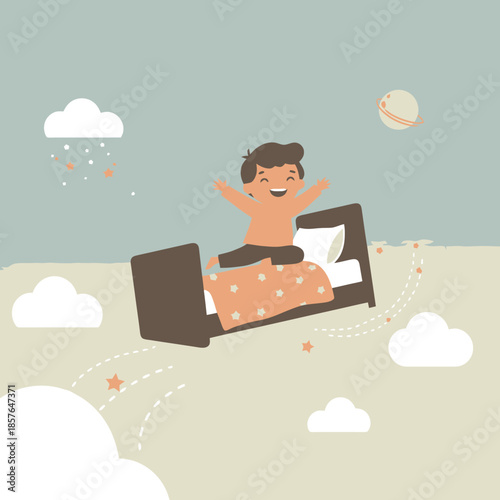 A happy child boy sits up in his bed, which is floating magically through a whimsical sky with clouds and stars, depicting a dream or imagination.