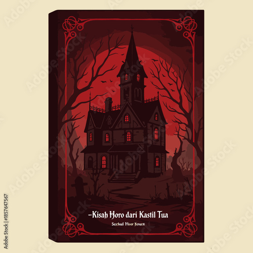 A spooky haunted house illustration with a tall spire against a red moon and bare trees, framed by a decorative border, in a dark red and black color scheme.