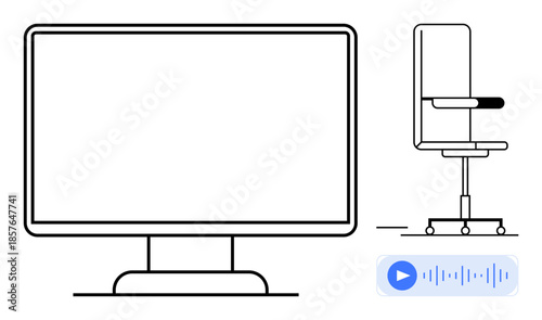 Office setup, remote work, digital communication, audio technology, workplace ergonomics, home productivity. Desktop screen, office chair audio waveform icon. Remote work and digital communication