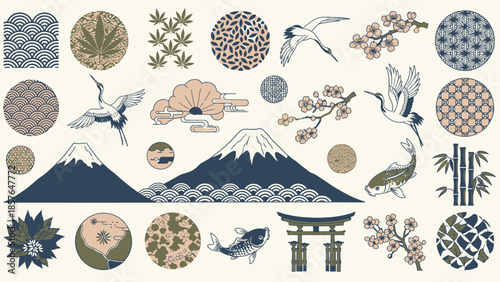 Collection of Japanese cultural symbols, including Mount Fuji, koi fish, cranes, cherry blossoms, and bamboo