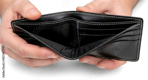 Hand holding an open black leather wallet, showing no money inside
