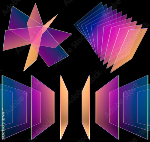 The set of abstract corporate glass panels for SaaS presentations. 3d render, black background.