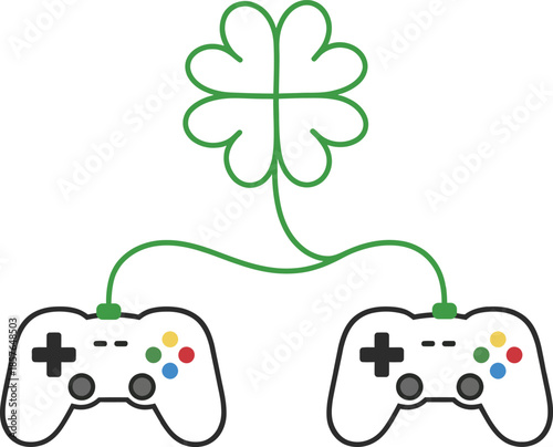 Game Controllers Connected by Shamrock Cable St Patrick’s Day Gaming Illustration on White Background