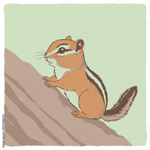 An illustration of a small chipmunk with brown and white stripes climbing a tree branch against a light green background.