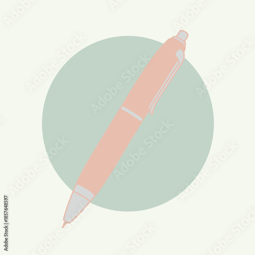 A simple illustration of a light pink pen with a silver clip on a pastel green circle background.