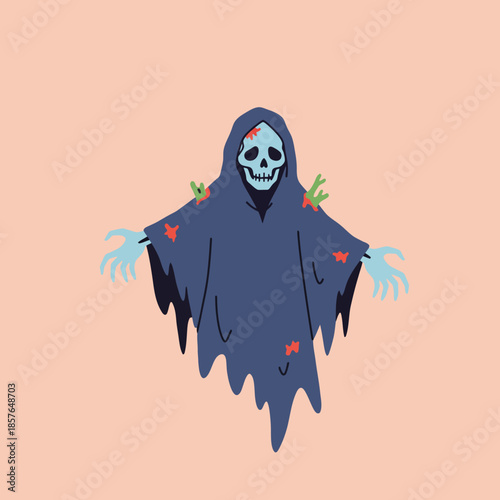 A spooky cartoon ghost or grim reaper with a skull face and tattered blue cloak on a light background, perfect for Halloween.