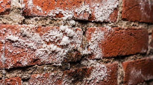 White efflorescence salt on brick wall basement damp moisture damage house maintenance problem repair accident insurance claim foundation background
