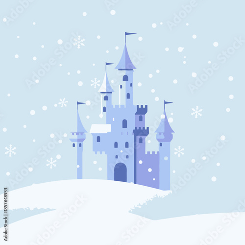 A whimsical blue castle stands on a snowy hill with snowflakes falling, creating a magical winter wonderland scene.
