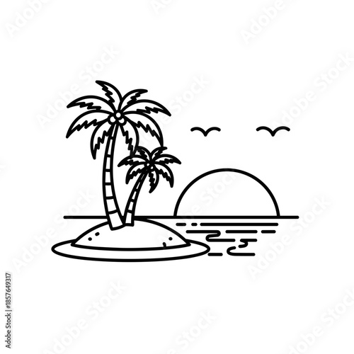 Outline icon of a tropical island with palm trees and ocean sunset, minimalist vector illustration for travel and vacation.