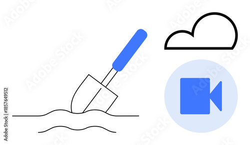 Cloud storage, media creation, digital archiving, online tools, video services, data management. A shovel breaking ground, a cloud and a video icon. Cloud storage and media creation concepts