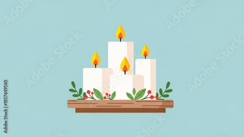Four white pillar candles with flickering flames decorated with holly and berries on a wooden stand representing warmth and celebration on a blue background