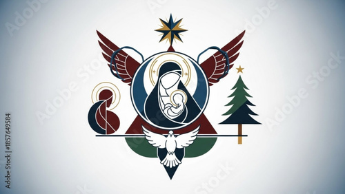 Christian Nativity emblem with Mary and Jesus angel wings dove and Christmas tree vector illustration for religious holidays and seasonal greetings