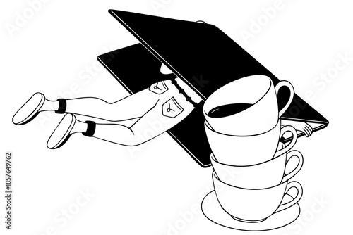 Academic Burnout. Graduate Falling Into Coffee Cup, Education Stress, Deadlines, Exhaustion and Career Pressure. A man who fell out of his graduation cap into a cup of coffee