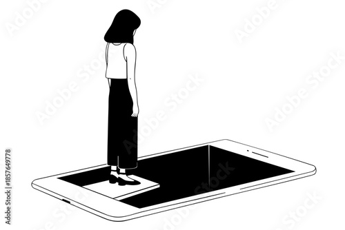 Digital Isolation. Woman Standing Inside on the edge Smartphone Screen, Technology Addiction and Social Disconnection