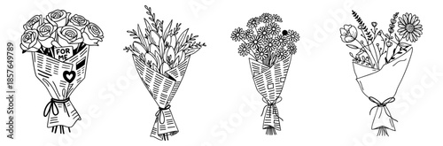 Hand Drawn Flower Bouquet Set Wrapped in Newspaper Paper — Roses, Daisies, Wildflowers and Dried Flowers in Vintage Newsprint Wrapping