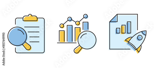 Analytics icon set with color fills and black outlines, featuring charts, graphs, and data analysis symbols for business intelligence and reporting.