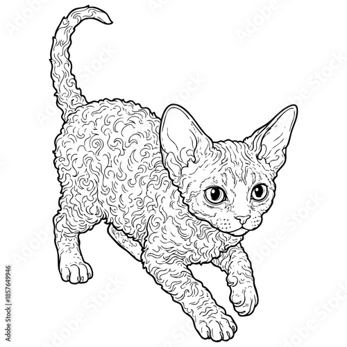 Devon Rex Cat with Curly Fur Vector Line Art Coloring Page