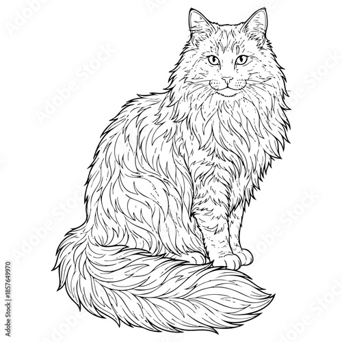 Norwegian Forest Cat with Bushy Tail Vector Line Art Coloring Page
