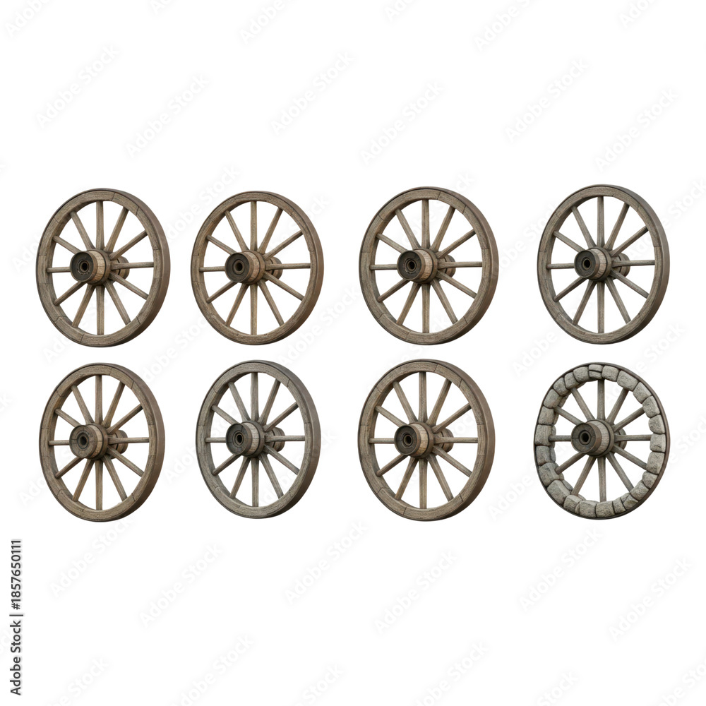 Fototapeta premium Eight rustic wooden wagon wheels on transparent background