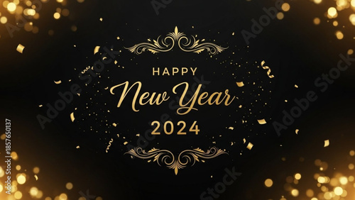 Happy New Year 2024 greeting card with golden confetti and bokeh lights elegant celebration background for festive events and advertising