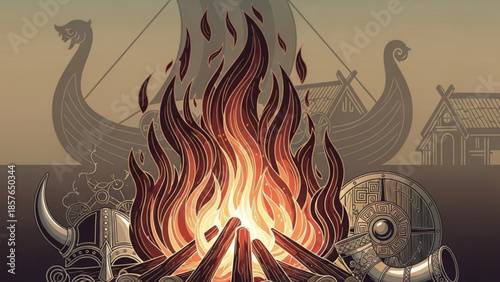Viking campfire with longship and shields illustration of ancient Norse culture and warrior life concept for historical themes and adventure