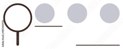 Magnifying glass examining one of three outlined circles with horizontal lines. Ideal for research, focus, analysis, selection, prioritization, organization, exploration. Simple flat metaphor