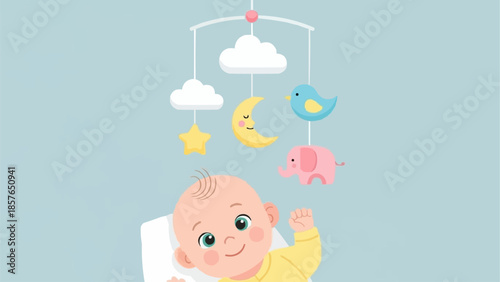 Cute baby looking up at a colorful mobile hanging above.