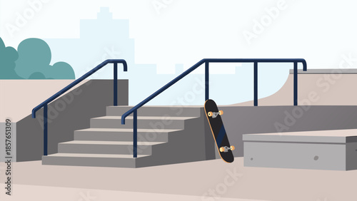 Skateboard ramp with stairs and railings urban outdoor scene